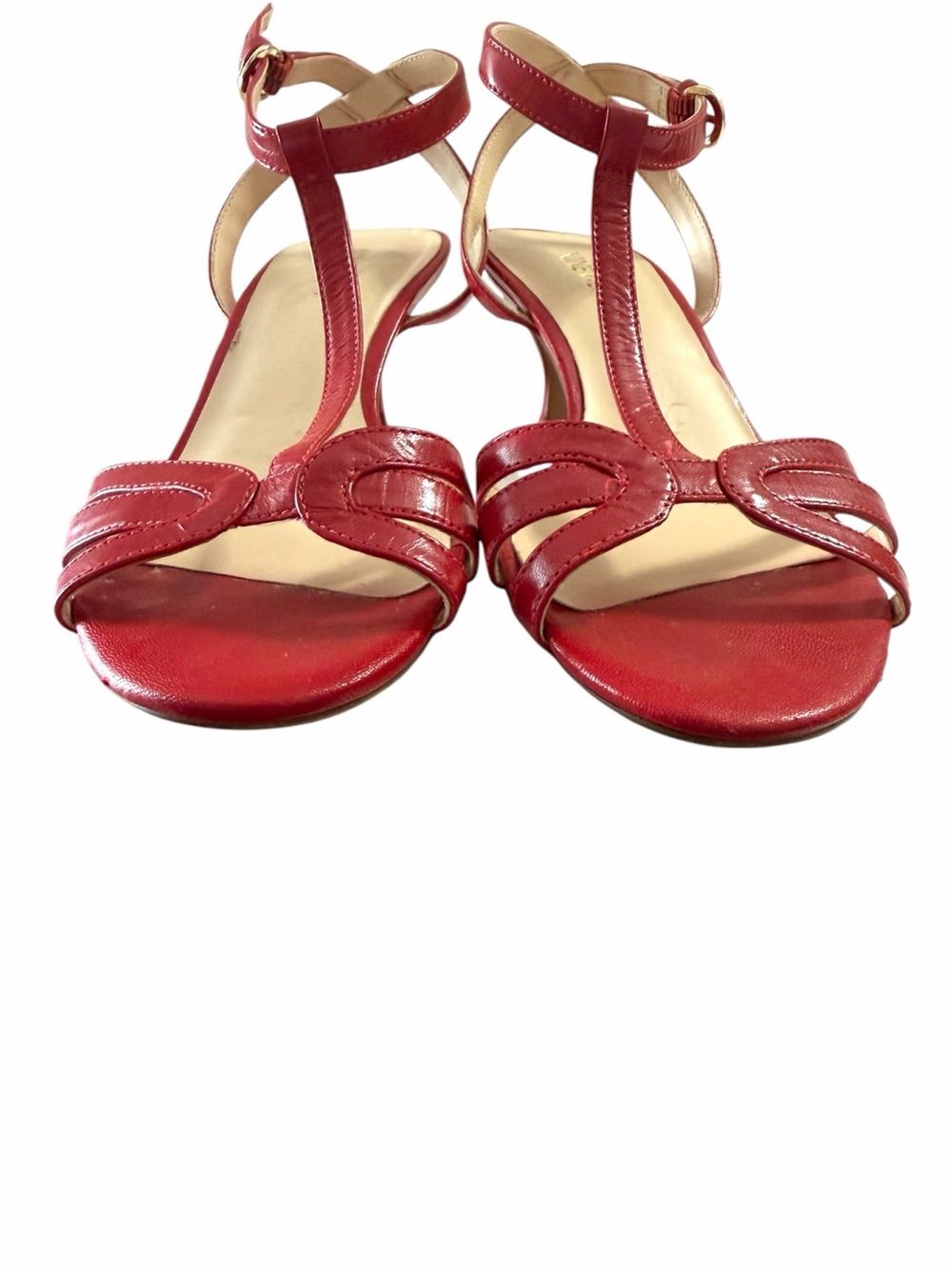 Nine West Red Leather T-Strap Kitten Heel Sandals - Picture 6 of 7